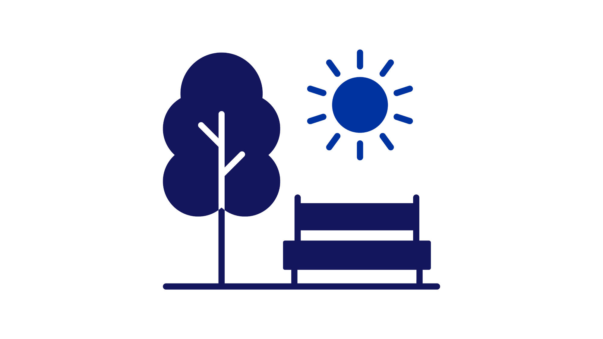 An illustrated sun above a tree and a bench.